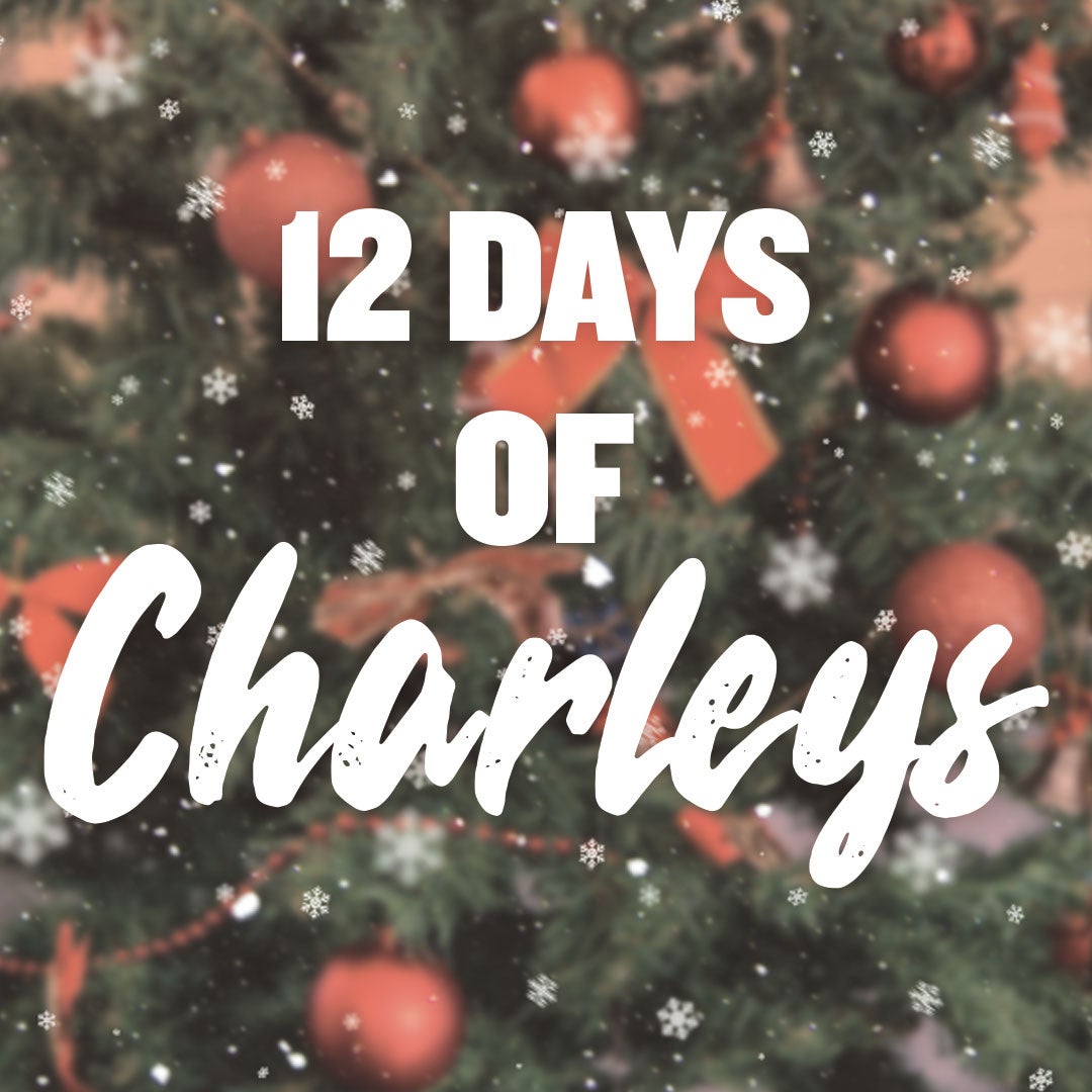 White text that says "12 Days of Charleys" against a background that features a decorated pine tree and snowkes.