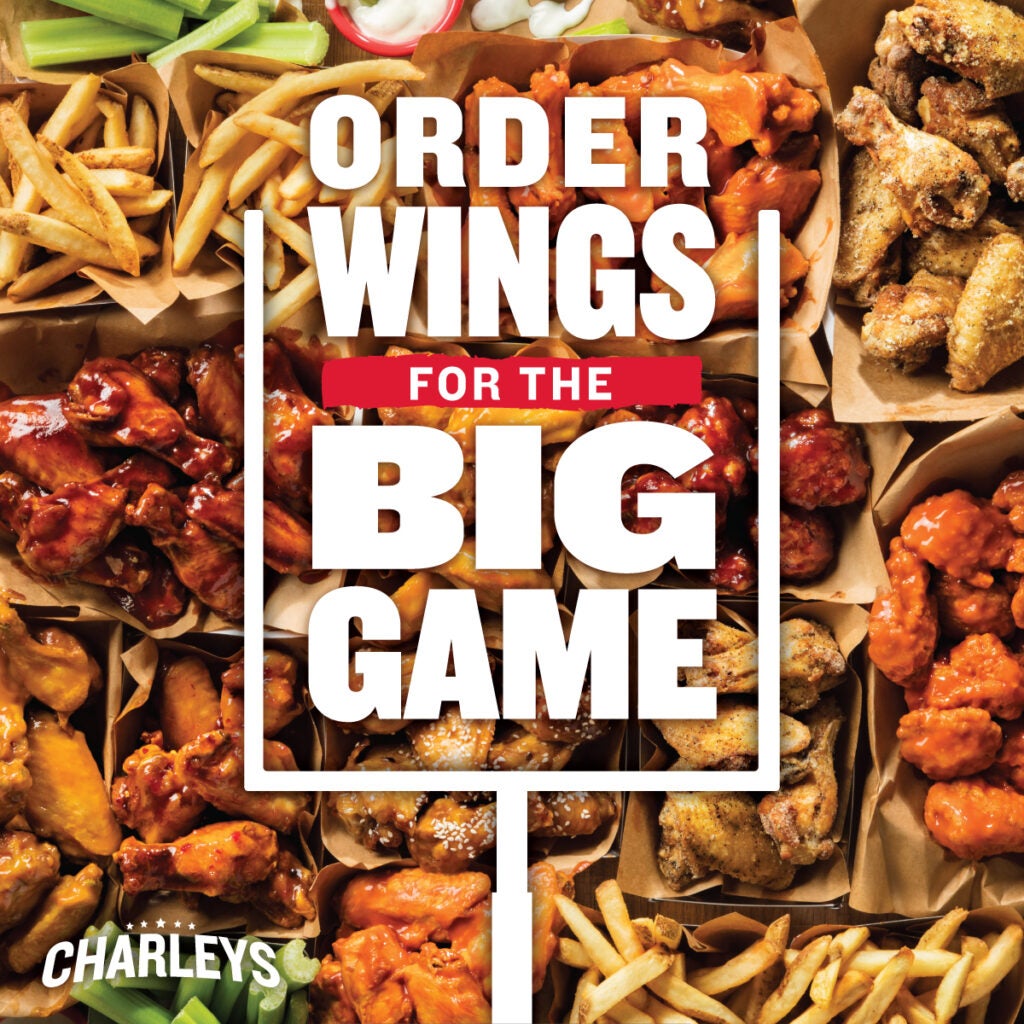 Boneless and classic chicken wings on a table with french fries. Text on the image says "Order Wings for the Big Game".