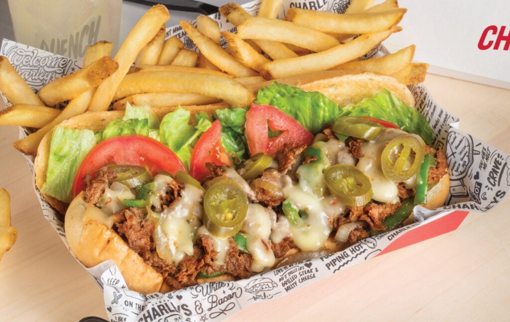 The Fiesta Cheesesteak from Charleys Cheesesteaks with french fries and original lemonade.
