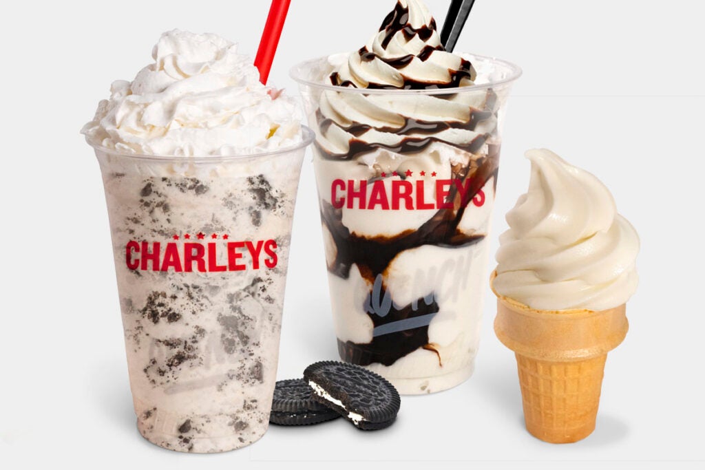 A Cookies n Creme Shake, chocolate sundae, and vanilla soft-serve cone from Charleys Cheesesteaks.