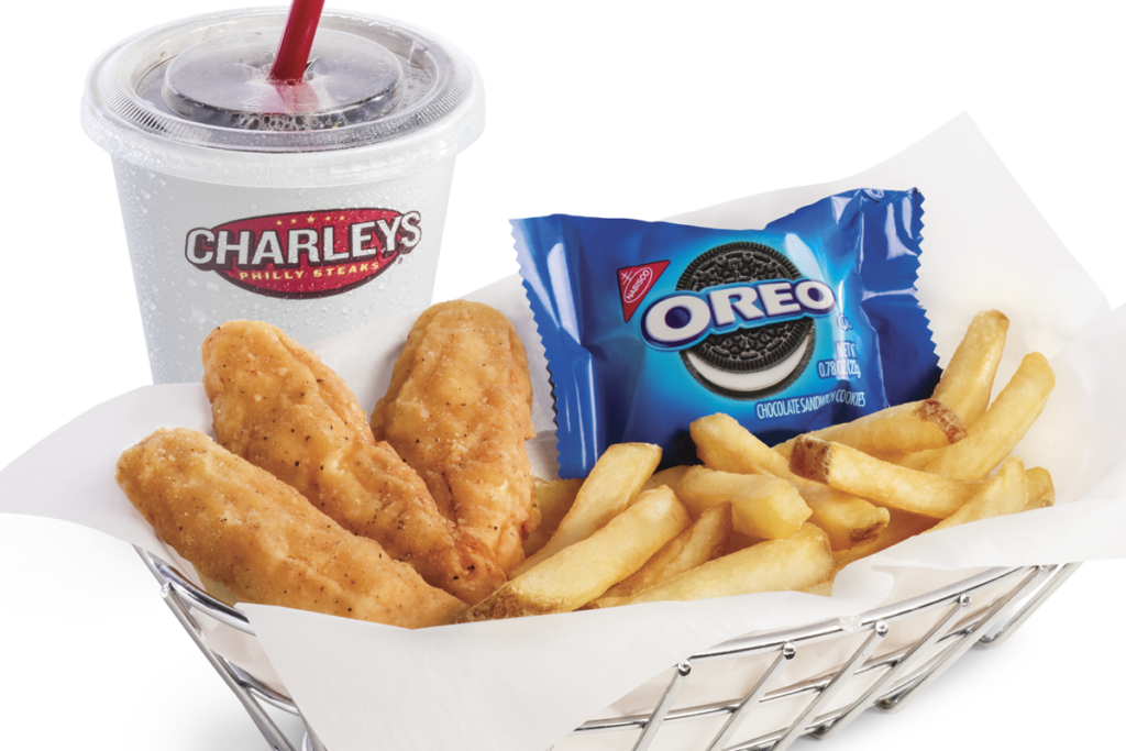 Charleys Kids Meal including chicken fingers, fries, a dink, and cookies.