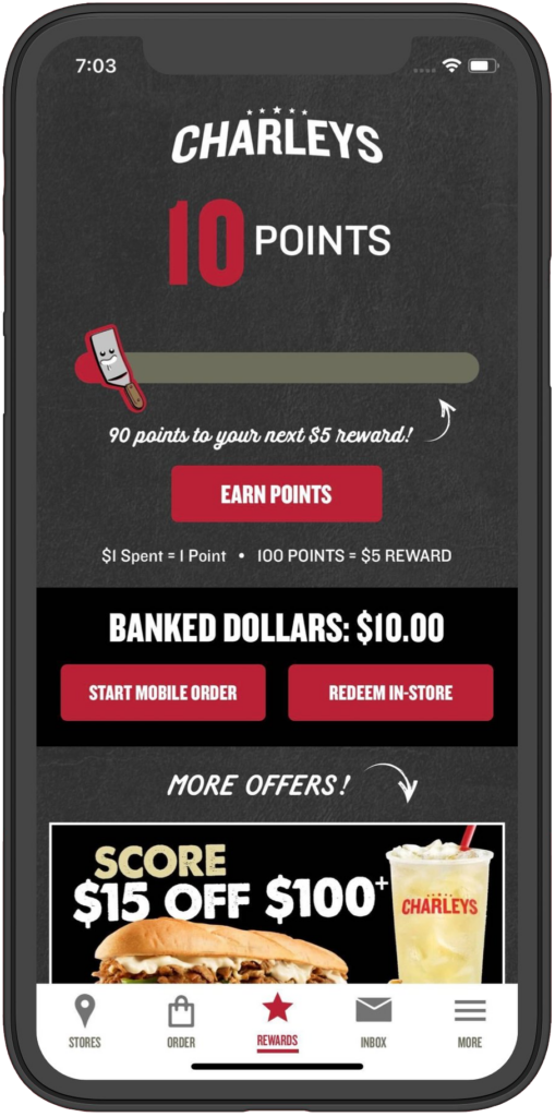 An image of cell phone with the Charleys Rewards screen displaying 10 points and available rewards.