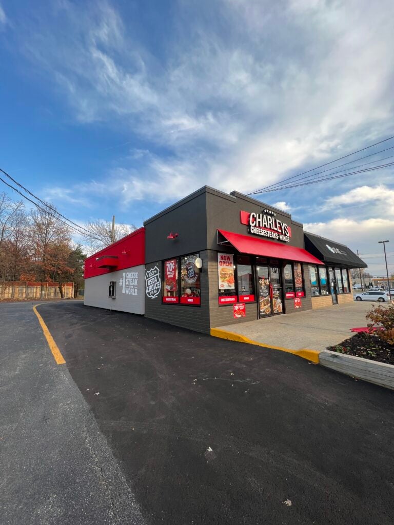 The drive through and front entrance of the building at Charleys Cheesesteaks and Wings, Broadview Rd. in Seven Hills, OH.