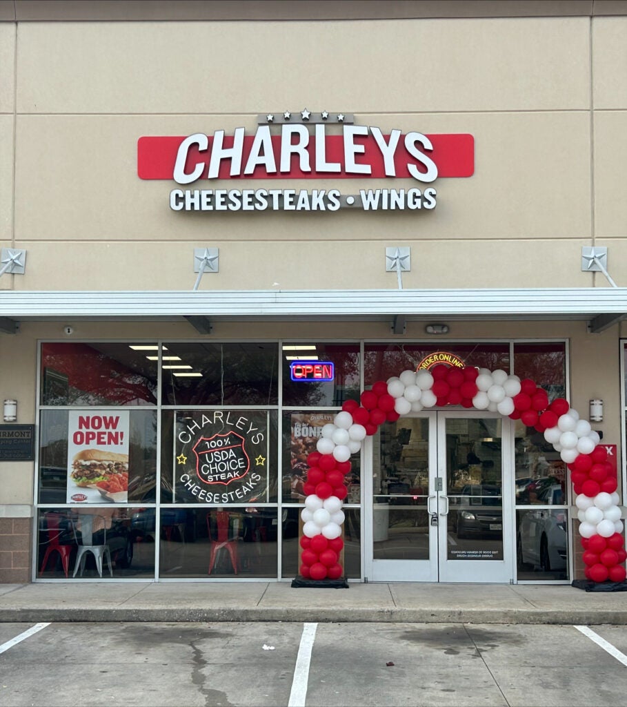 The front entrance of Charleys Cheesesteaks and Wings in Pasadena, TX during grand opening in January 2023.