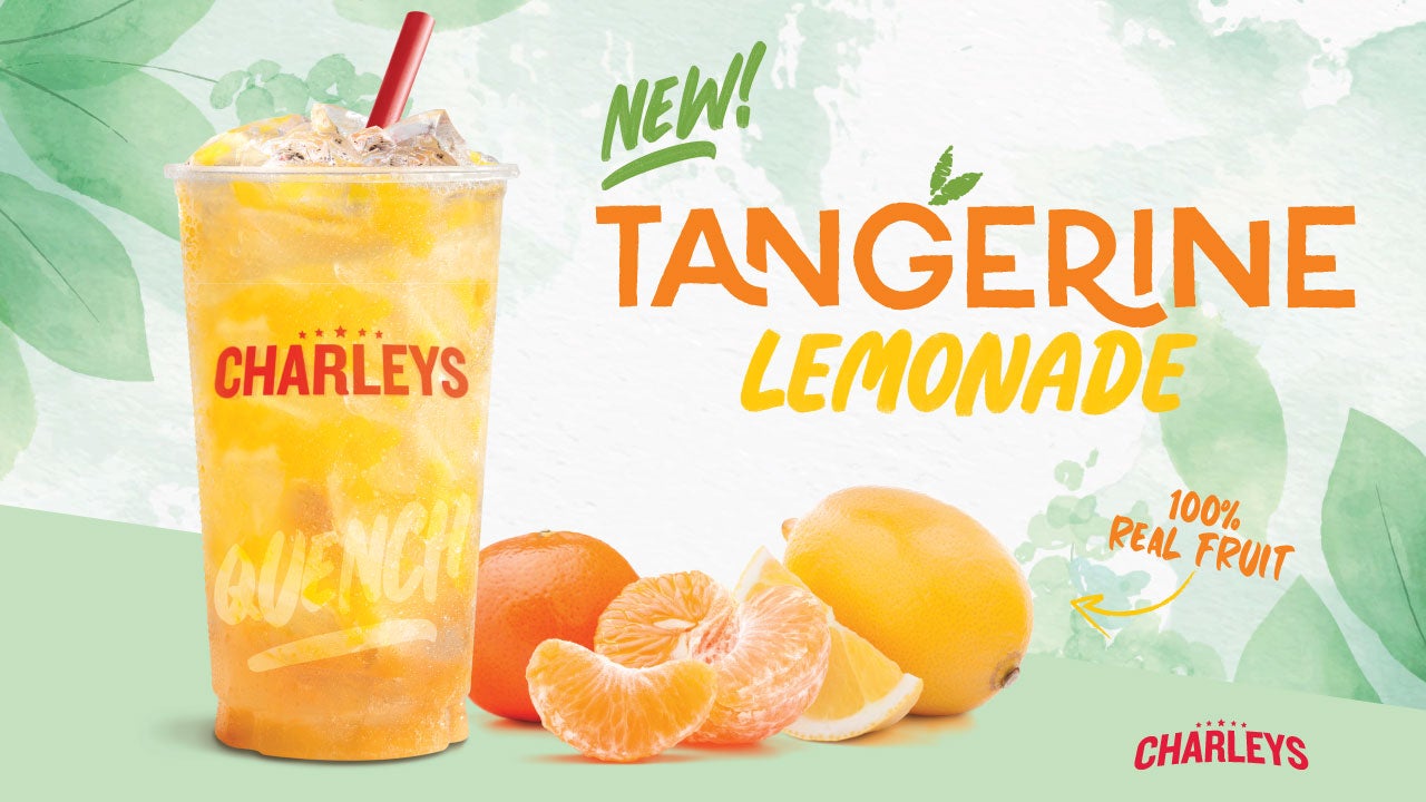 The Tangerine Lemonade and pieces of tangerine, against a green, leafy illustrated background. Text says "New! Tangerine Lemonade".