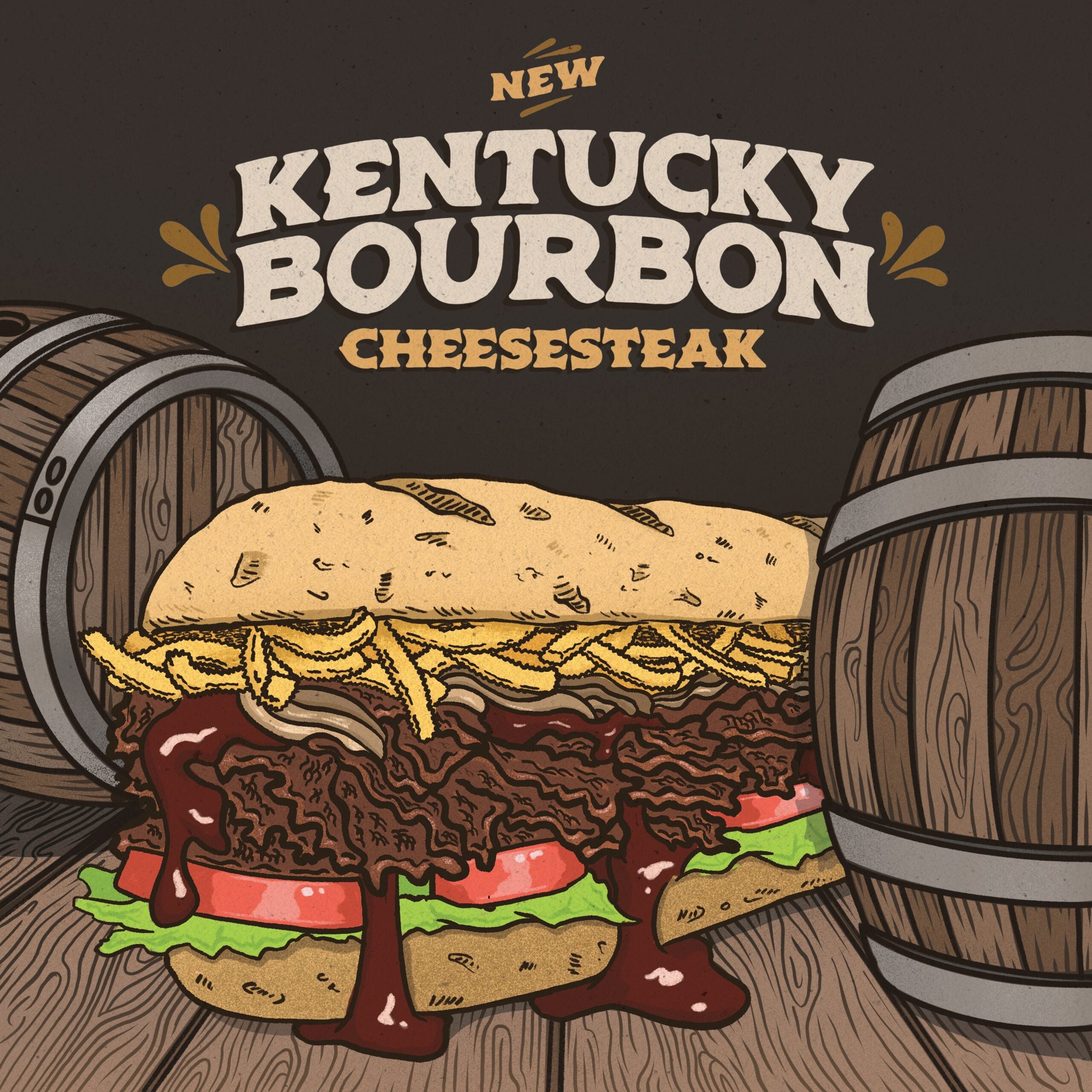 An illustrated Kentucky Bourbon Cheesesteak from Charleys Cheesesteaks on a wood table with oak casks. 