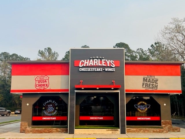 The front entrance of Charleys Cheesesteaks and Wings in Brooksville, FL during the grand opening in 2023.