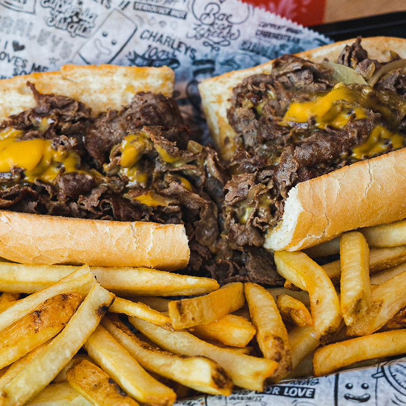 The Old School Cheesesteak and Original Fries from Charleys Cheesesteaks.