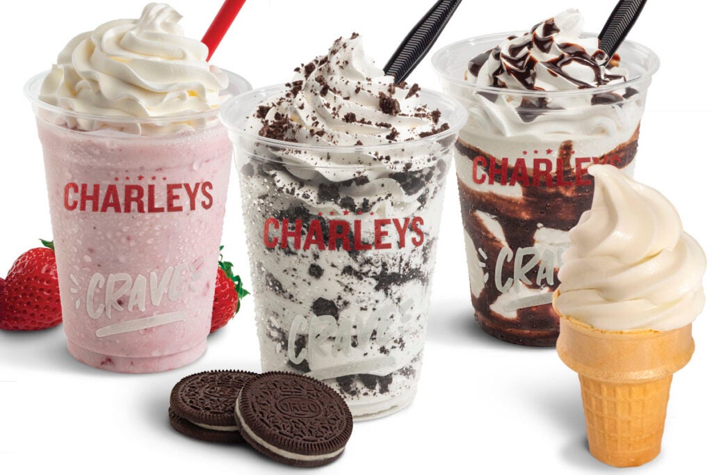 Frozen treats from Charleys, including a Strawberry Shake, Cookies and Cream Shake, Hot Fudge Sundae, and a vanilla ice cream cone.