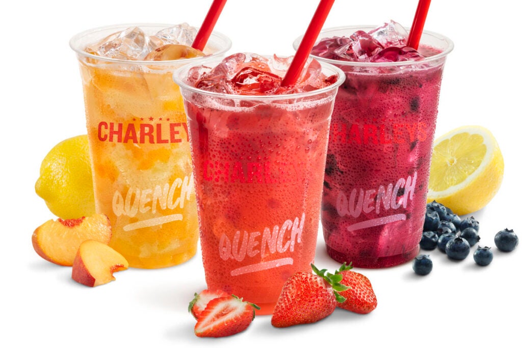 Charleys lemonade in Peach, Strawberry, and Blueberry flavors.