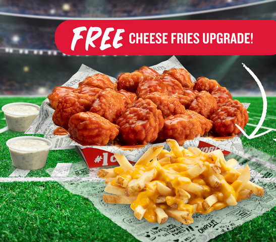 close up of Charleys wings, sauces, and fries on a football field, wings near me