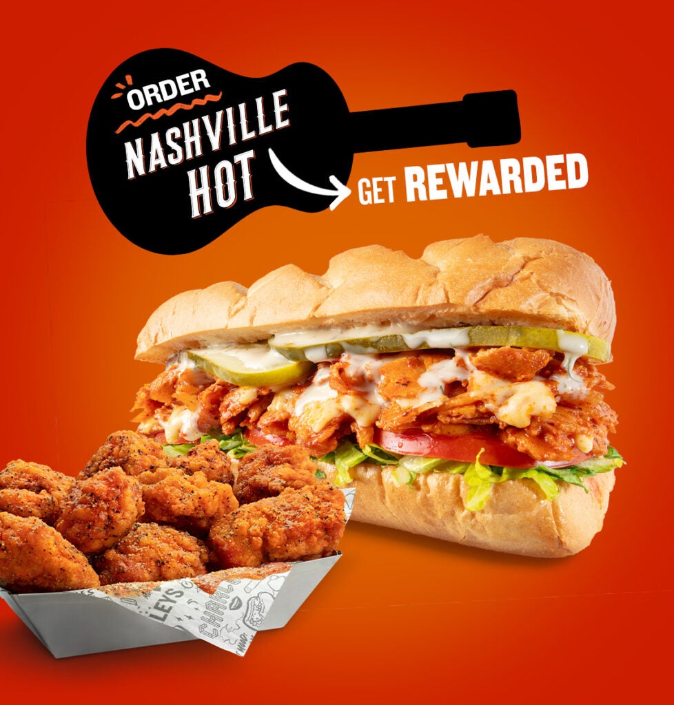 Nashville Hot Loyalty Promo with Charleys cheesesteak and wings