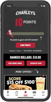 An image of cell phone with the Charleys Rewards screen displaying 10 points and available rewards. Charleys Rewards App. Coupons.